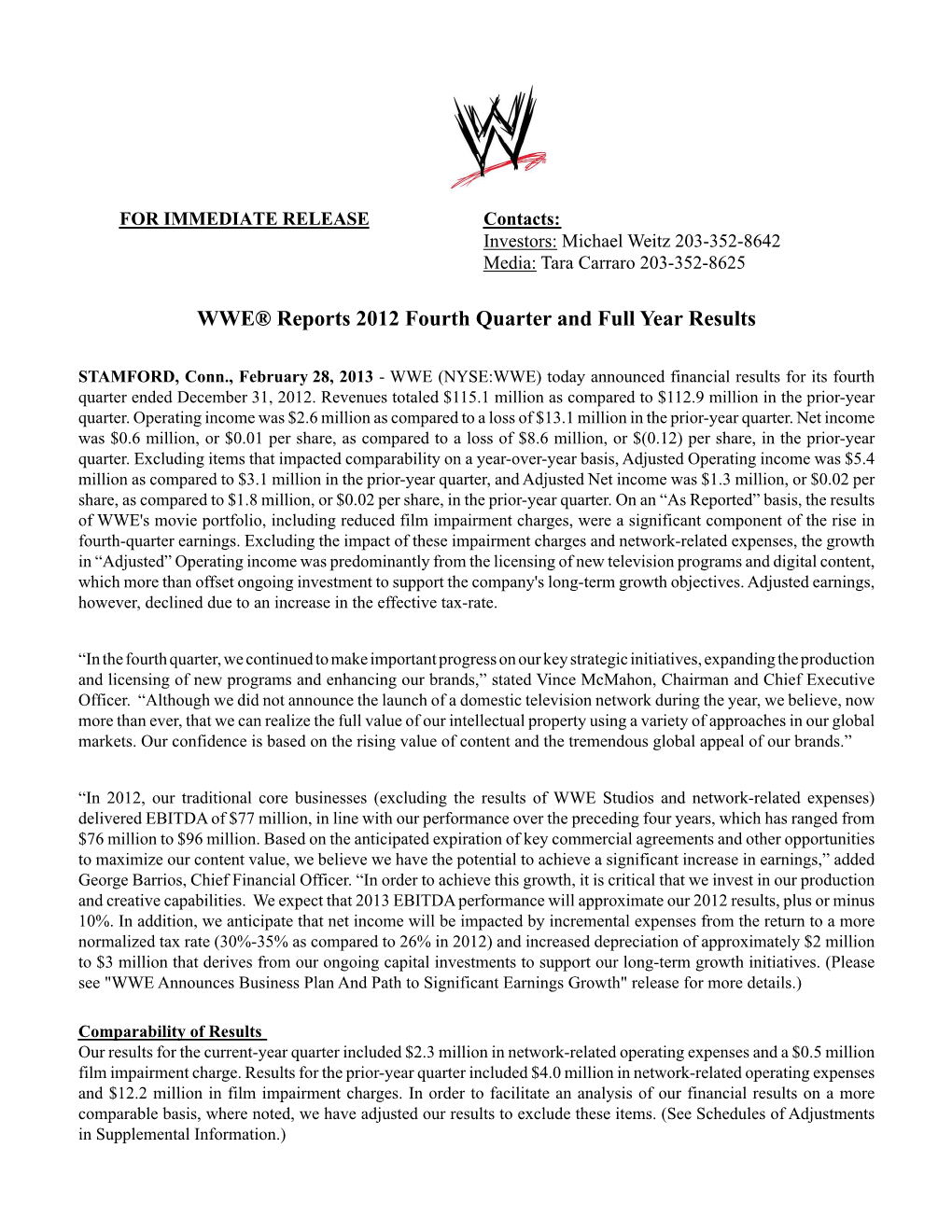 WWE® Reports 2012 Fourth Quarter and Full Year Results