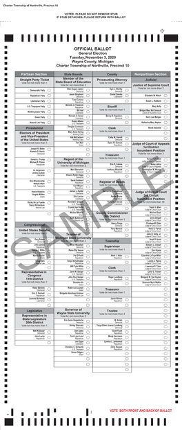 OFFICIAL BALLOT General Election Tuesday, November 3, 2020 Wayne County, Michigan Charter Township of Northville, Precinct 10