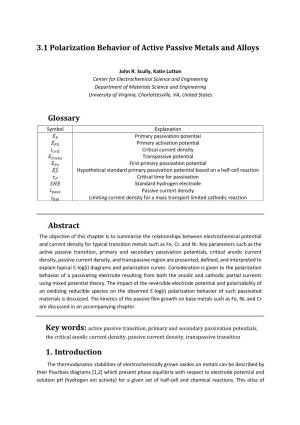 3.1 Polarization Behavior of Active Passive Metals and Alloys Glossary