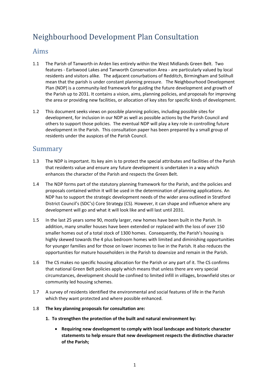 Neighbourhood Development Plan Consultation Aims