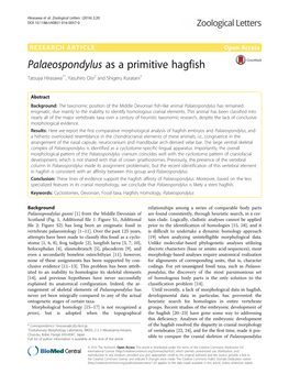 Palaeospondylus As a Primitive Hagfish Tatsuya Hirasawa1*, Yasuhiro Oisi2 and Shigeru Kuratani1