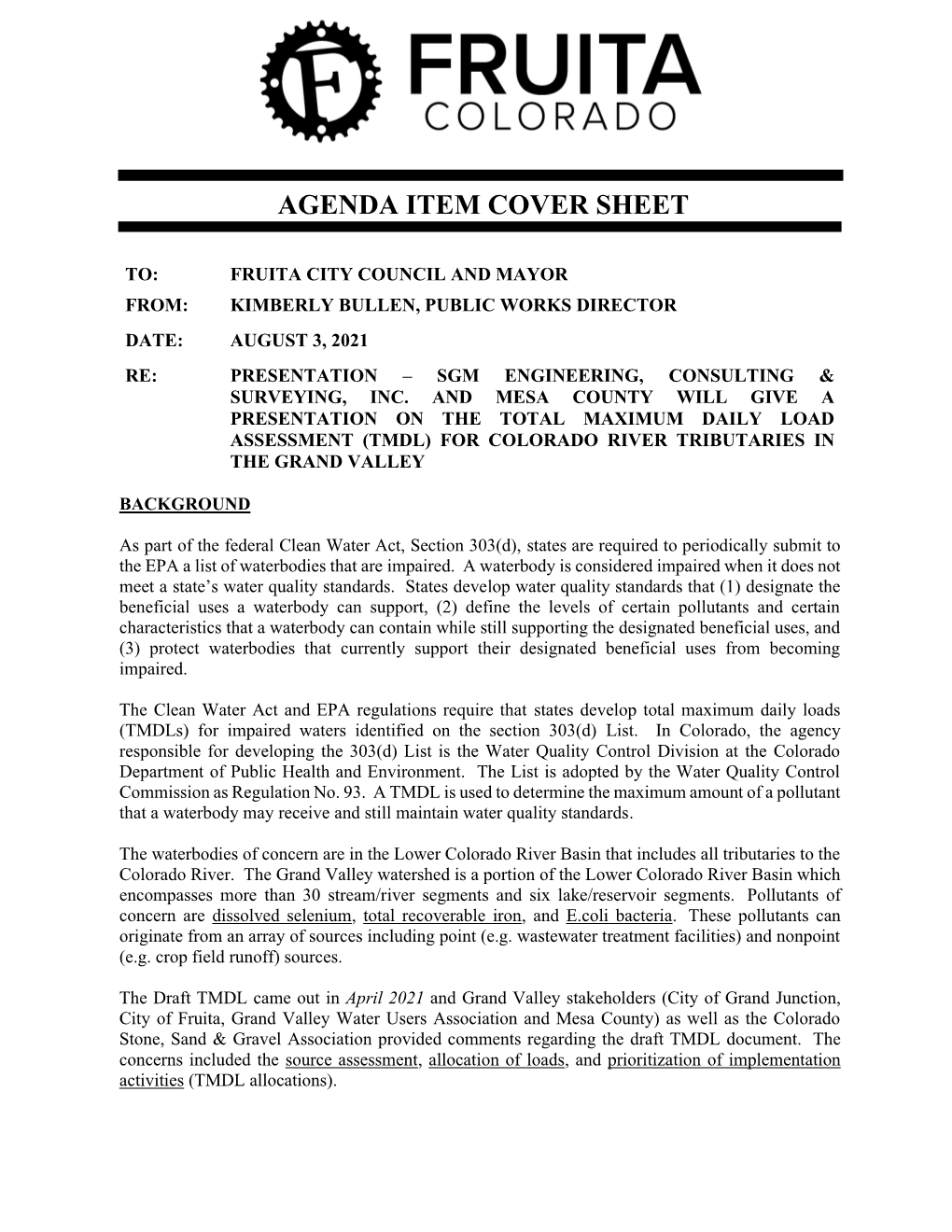 Agenda Item Cover Sheet