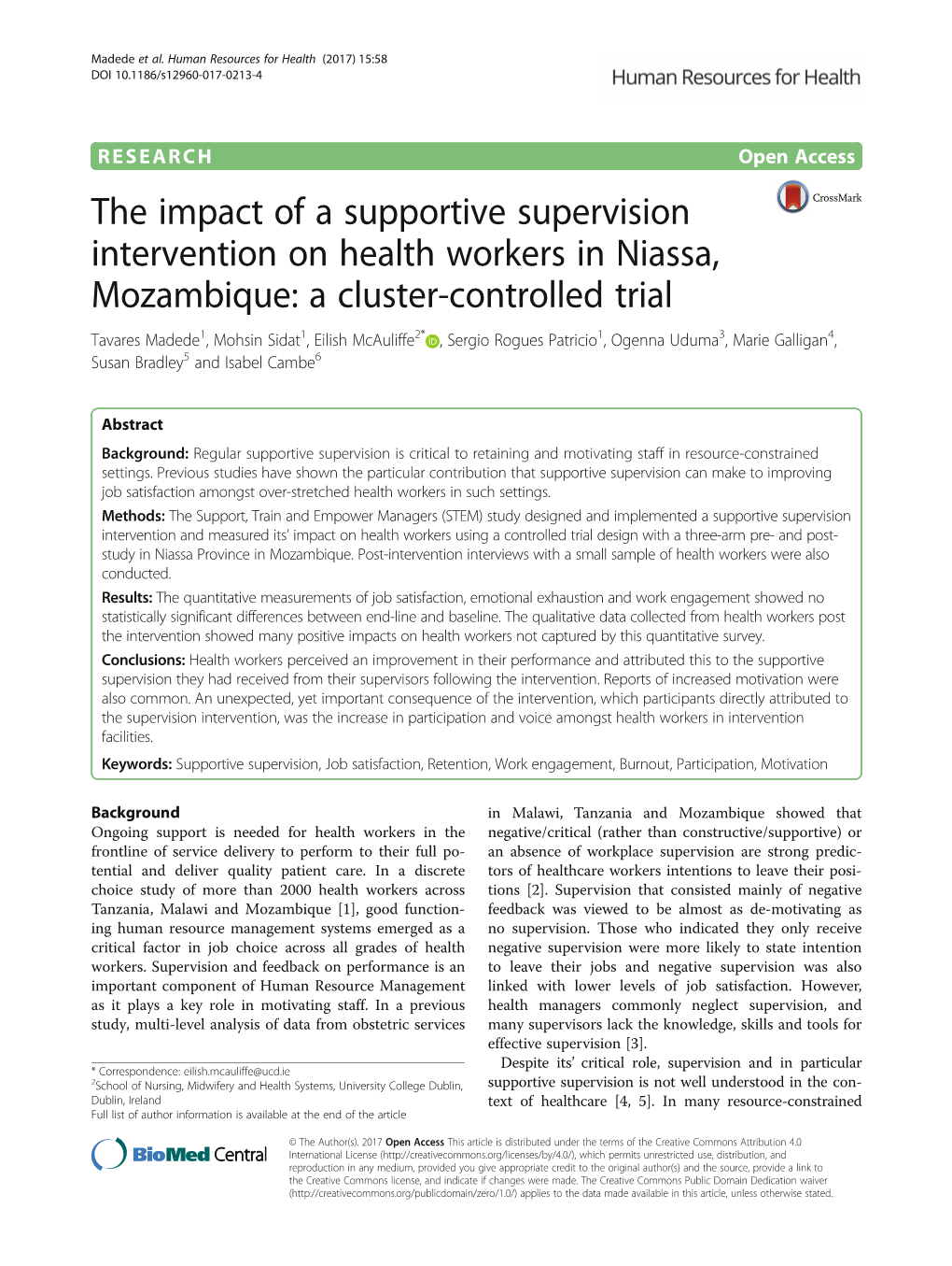 The Impact of a Supportive Supervision Intervention on Health Workers In