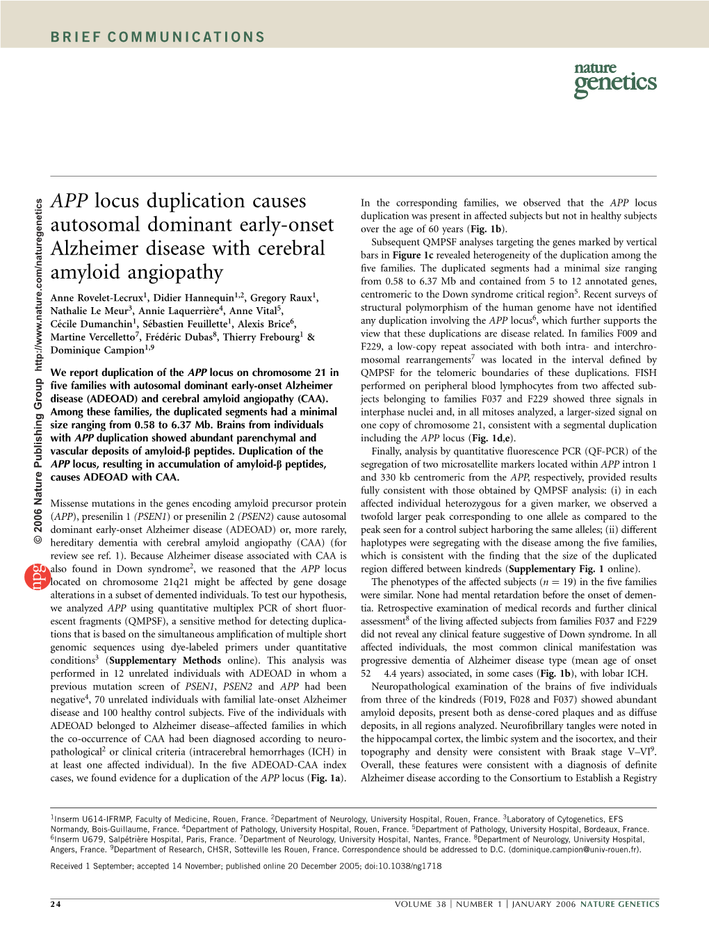 APP Locus Duplication Causes Autosomal Dominant Early-Onset