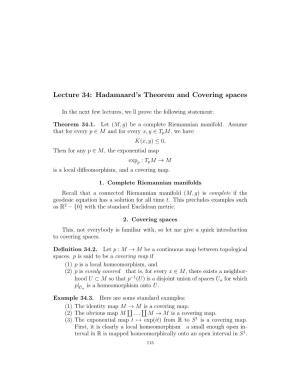 Lecture 34: Hadamaard's Theorem and Covering Spaces