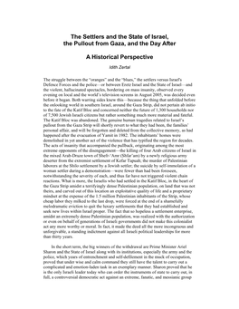The Settlers and the State of Israel, the Pullout from Gaza, and the Day After