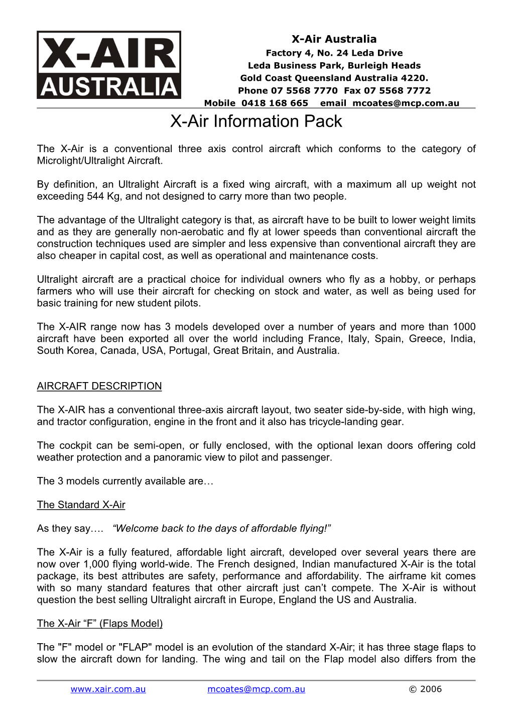 X-Air Information Pack