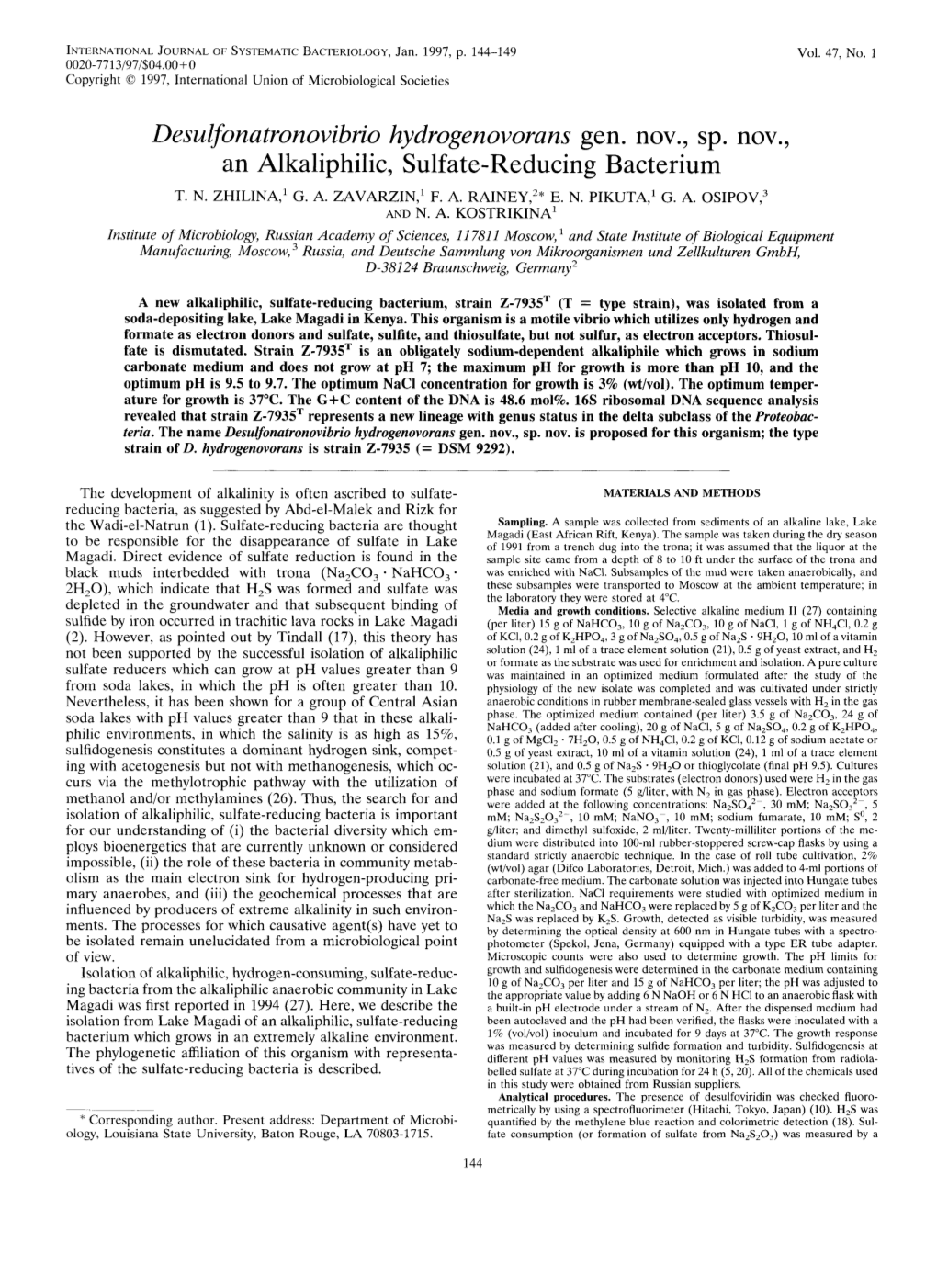 Desulfonatronovibrio Hydrogenovorans Gen. ~ O V . , Sp