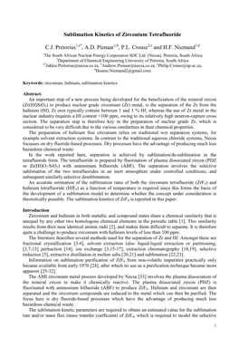 Sublimation Kinetics of Zirconium Tetrafluoride CJ Pretorius