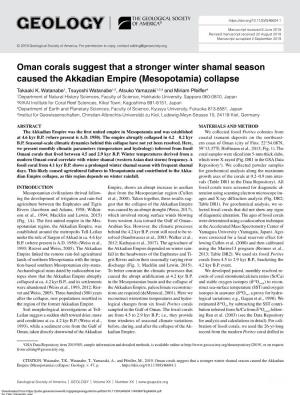 Oman Corals Suggest That a Stronger Winter Shamal Season Caused the Akkadian Empire (Mesopotamia) Collapse Takaaki K