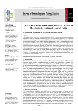 Checklist of Beloniform Fishes of Coastal Waters of Thoothukudi, Southeast Coast of India