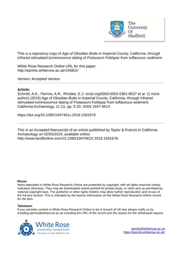 Age of Obsidian Butte in Imperial County, California, Through Infrared Stimulated Luminescence Dating of Potassium Feldspar from Tuffaceous Sediment