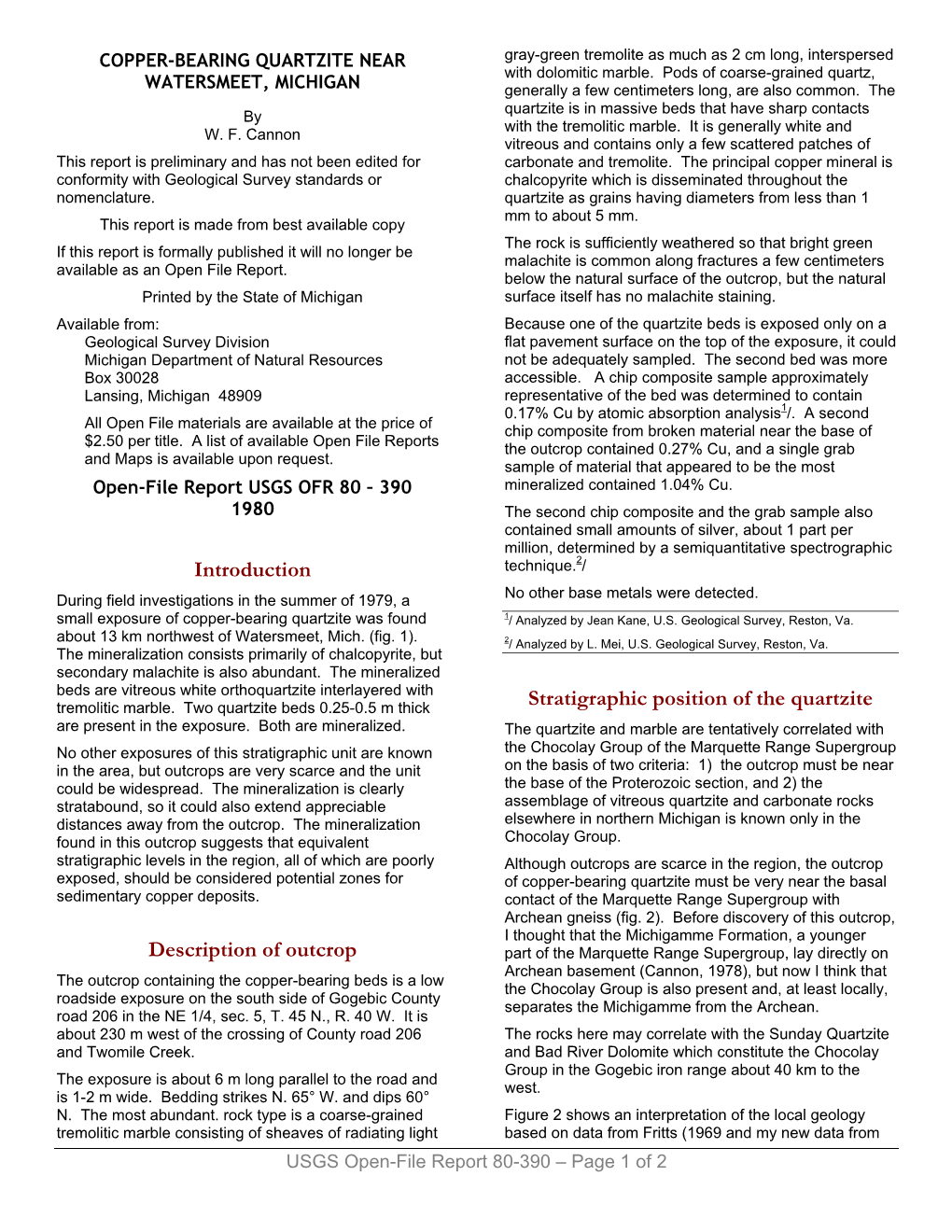 Introduction Description of Outcrop Stratigraphic Position of the Quartzite