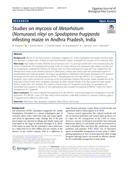 Studies on Mycosis of Metarhizium (Nomuraea) Rileyi on Spodoptera Frugiperda Infesting Maize in Andhra Pradesh, India M