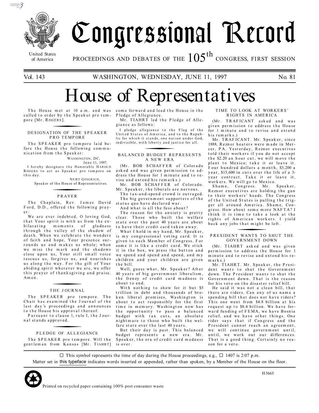 Congressional Record United States Th of America PROCEEDINGS and DEBATES of the 105 CONGRESS, FIRST SESSION