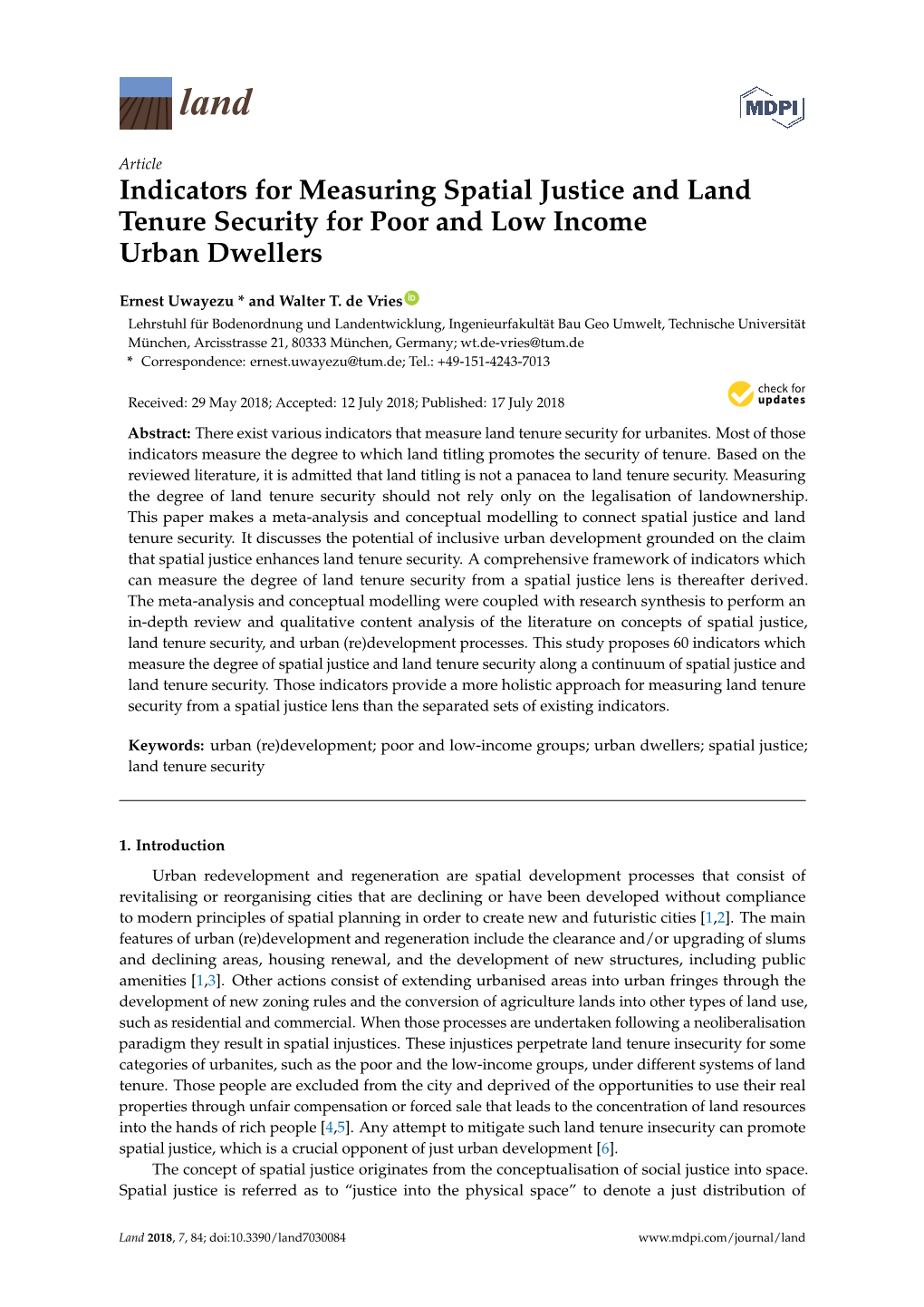 Indicators for Measuring Spatial Justice and Land Tenure Security for Poor and Low Income Urban Dwellers