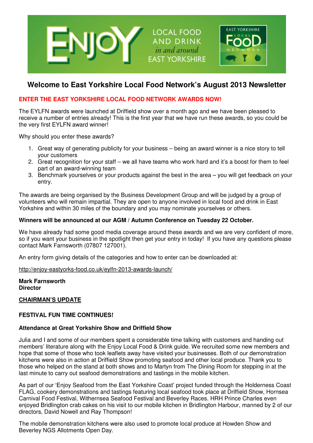 East Yorkshire Local Food Network's August 2013 Newsletter