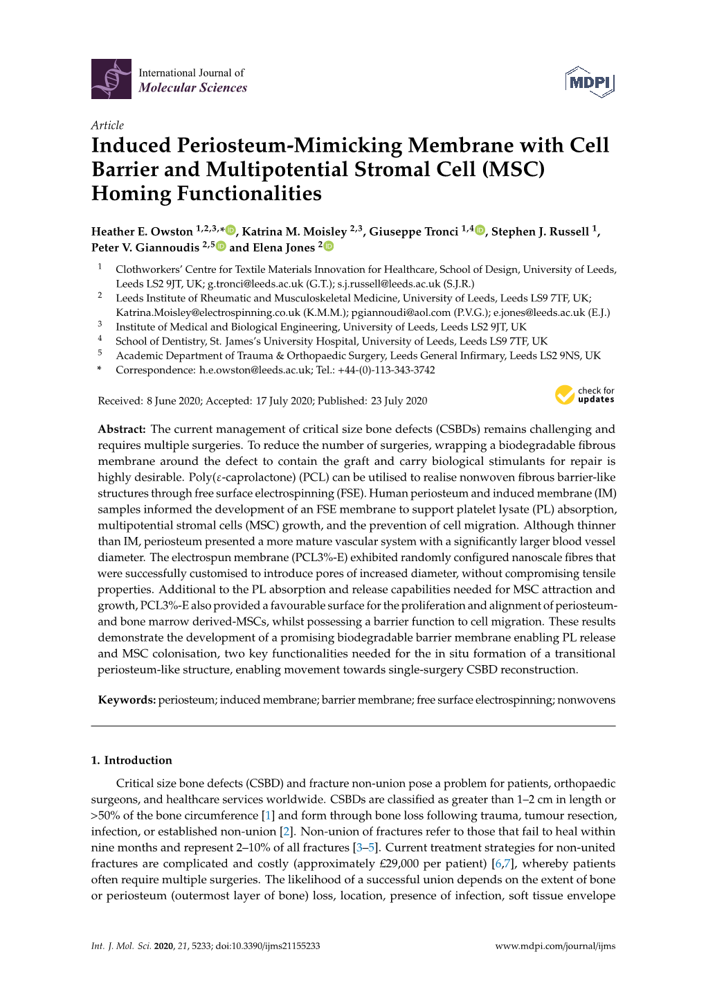 Induced Periosteum-Mimicking Membrane with Cell Barrier and Multipotential Stromal Cell (MSC) Homing Functionalities