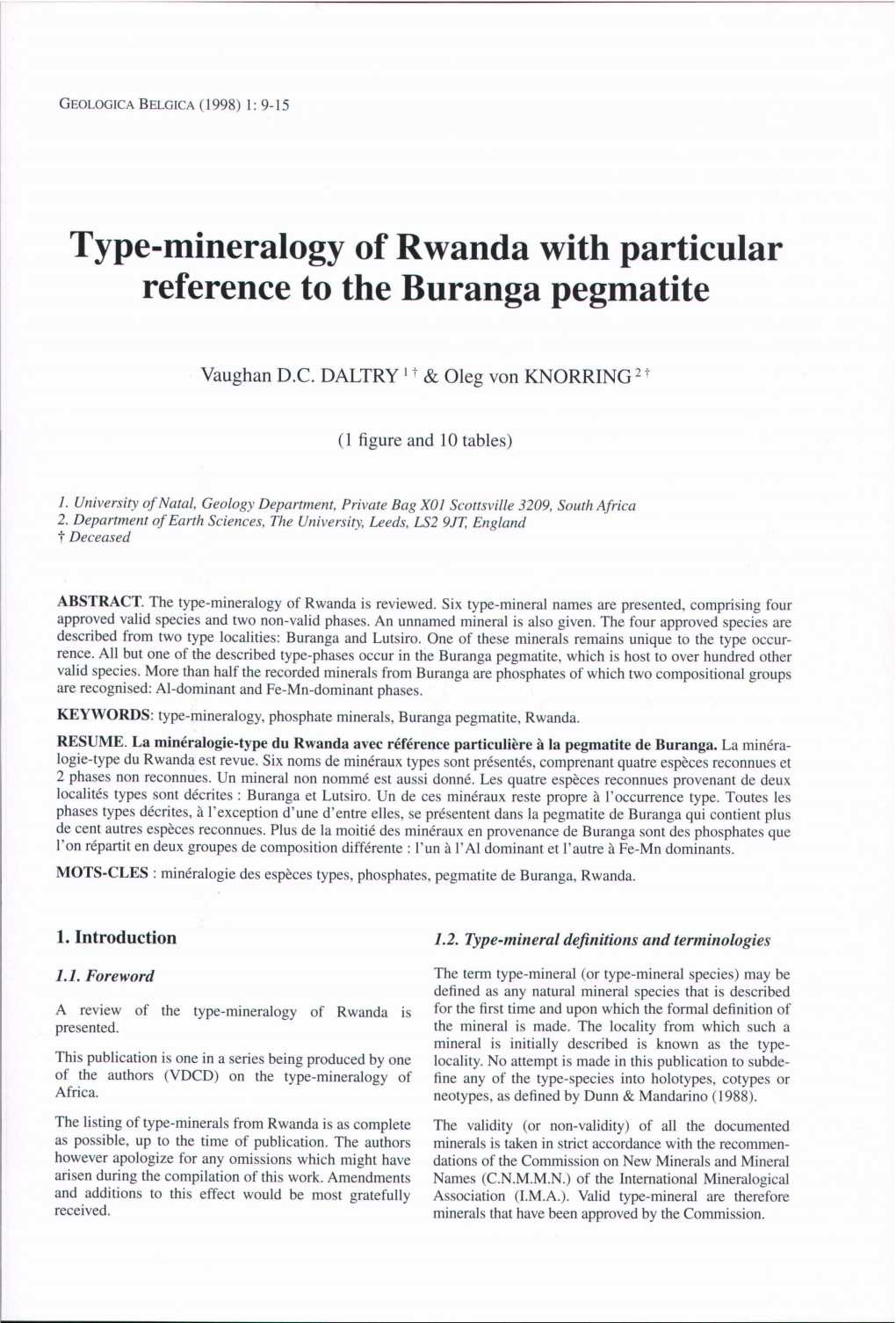 Type-Mineralogy of Rwanda with Particular Reference to the Buranga Pegmatite