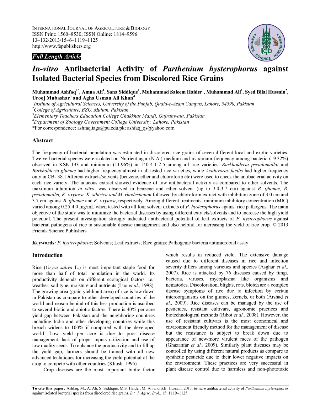 In-Vitro Antibacterial Activity of Parthenium Hysterophorus Against Isolated Bacterial Species from Discolored Rice Grains