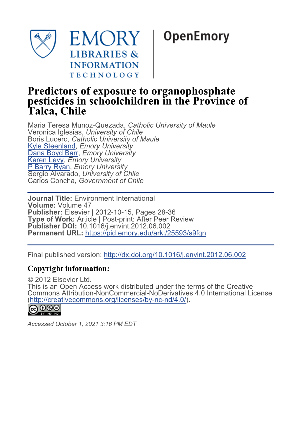Predictors of Exposure to Organophosphate Pesticides In