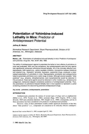 Potentiation of Yohimbine-Induced Lethality in Mice: Predictor of Antidepressant Potential