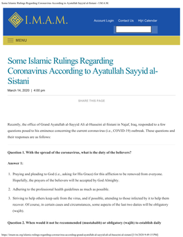 Some Islamic Rulings Regarding Coronavirus According to Ayatullah Sayyid Al-Sistani - I.M.A.M
