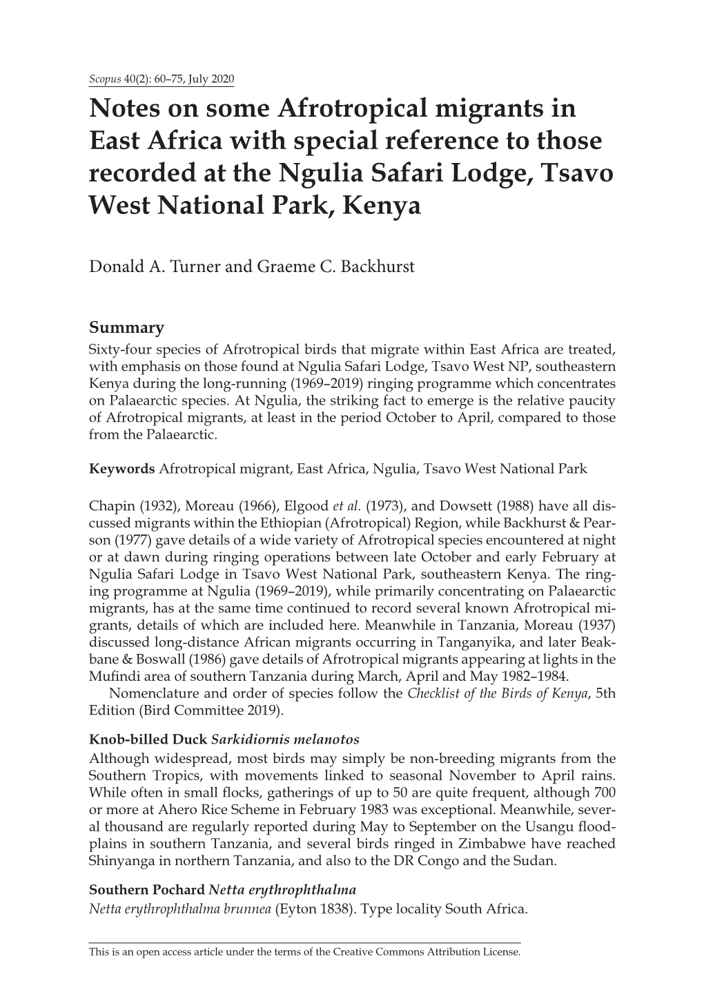 Notes on Some Afrotropical Migrants in East Africa with Special Reference to Those Recorded at the Ngulia Safari Lodge, Tsavo West National Park, Kenya