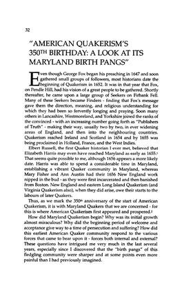 American Quakerism's 350Th Birthday: a Look at Its Maryland Birth Pangs"