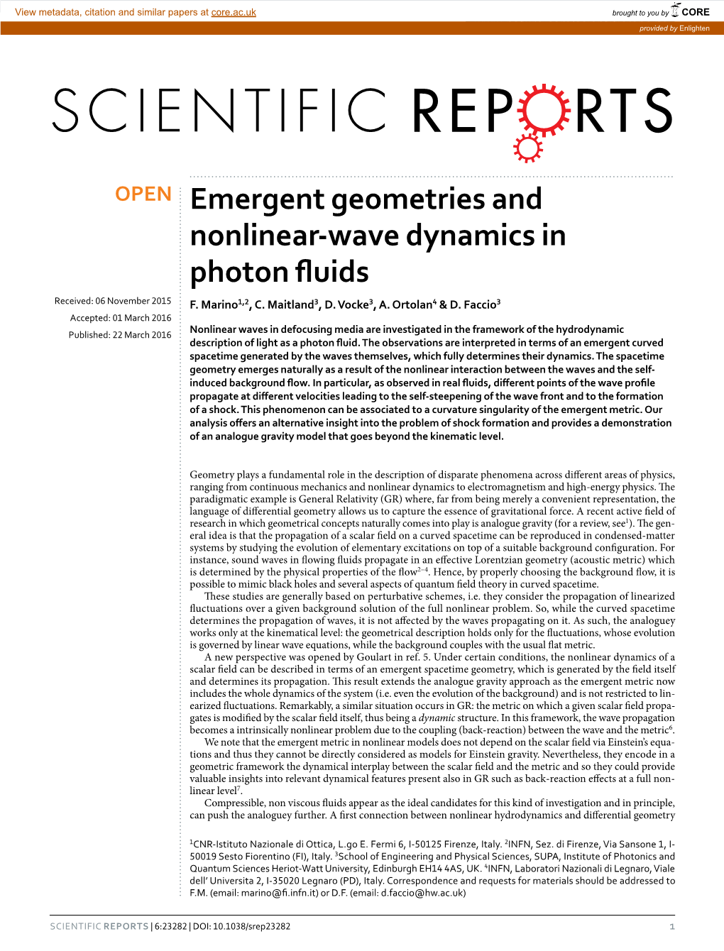 Emergent Geometries and Nonlinear-Wave Dynamics in Photon Fluids Received: 06 November 2015 F