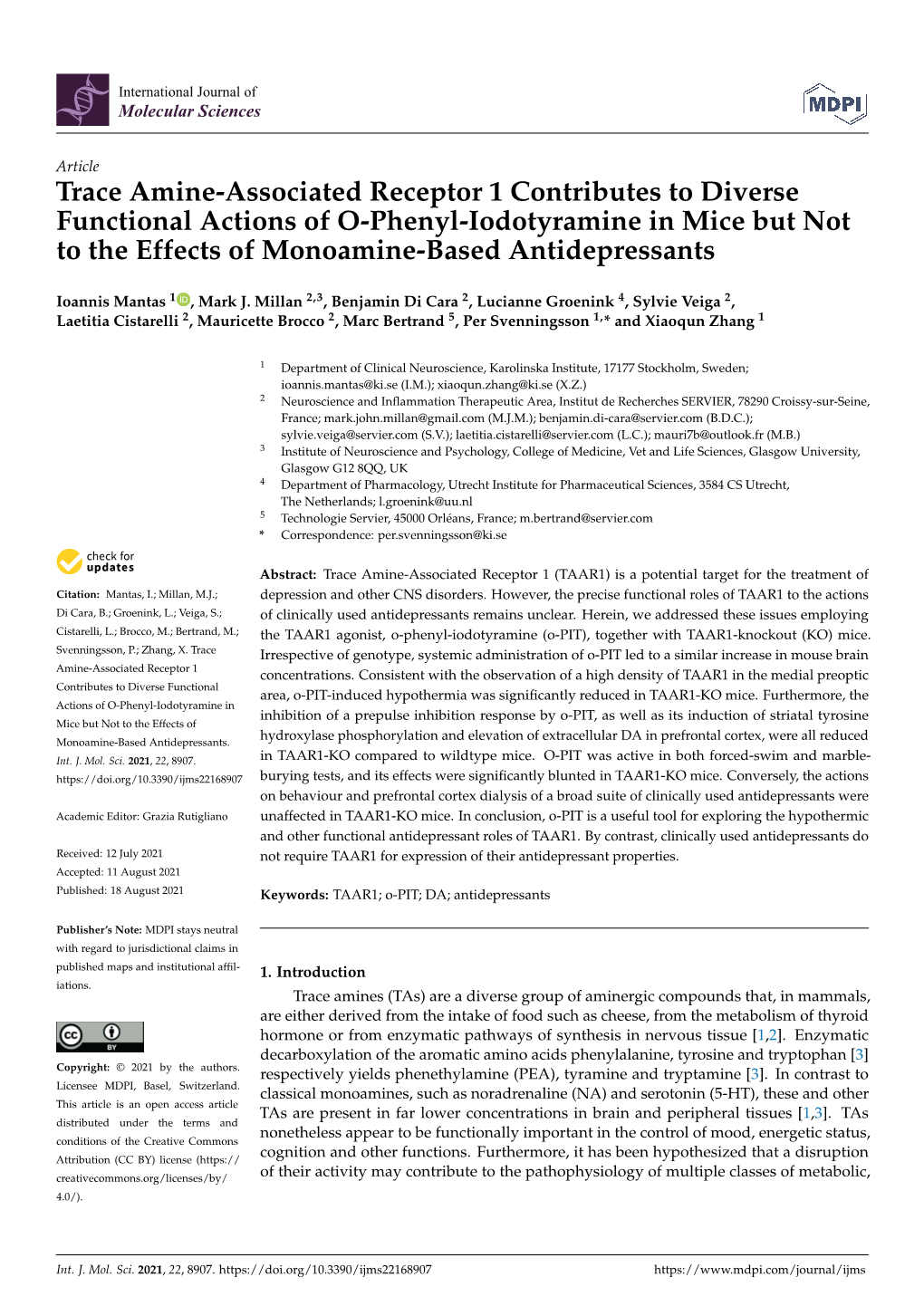 Trace Amine-Associated Receptor 1 Contributes to Diverse Functional Actions of O-Phenyl-Iodotyramine in Mice but Not to the Effects of Monoamine-Based Antidepressants