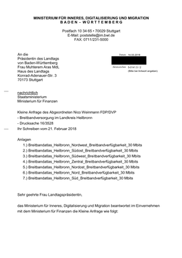 Breitbandversorgung Im Landkreis Heilbronn - Drucksache 16/3528 Ihr Schreiben Vom 21