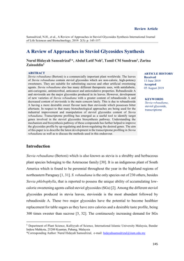 A Review of Approaches in Steviol Glycosides Synthesis International Journal of Life Sciences and Biotechnology, 2019