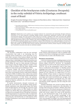 Chec List Checklist of the Brachyuran Crabs (Crustacea: Decapoda) in the Rocky Subtidal of Vitória Archipelago, Southeast Coast