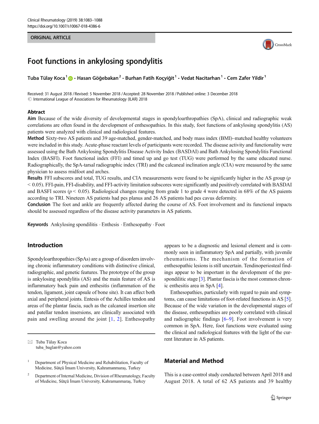 Foot Functions in Ankylosing Spondylitis