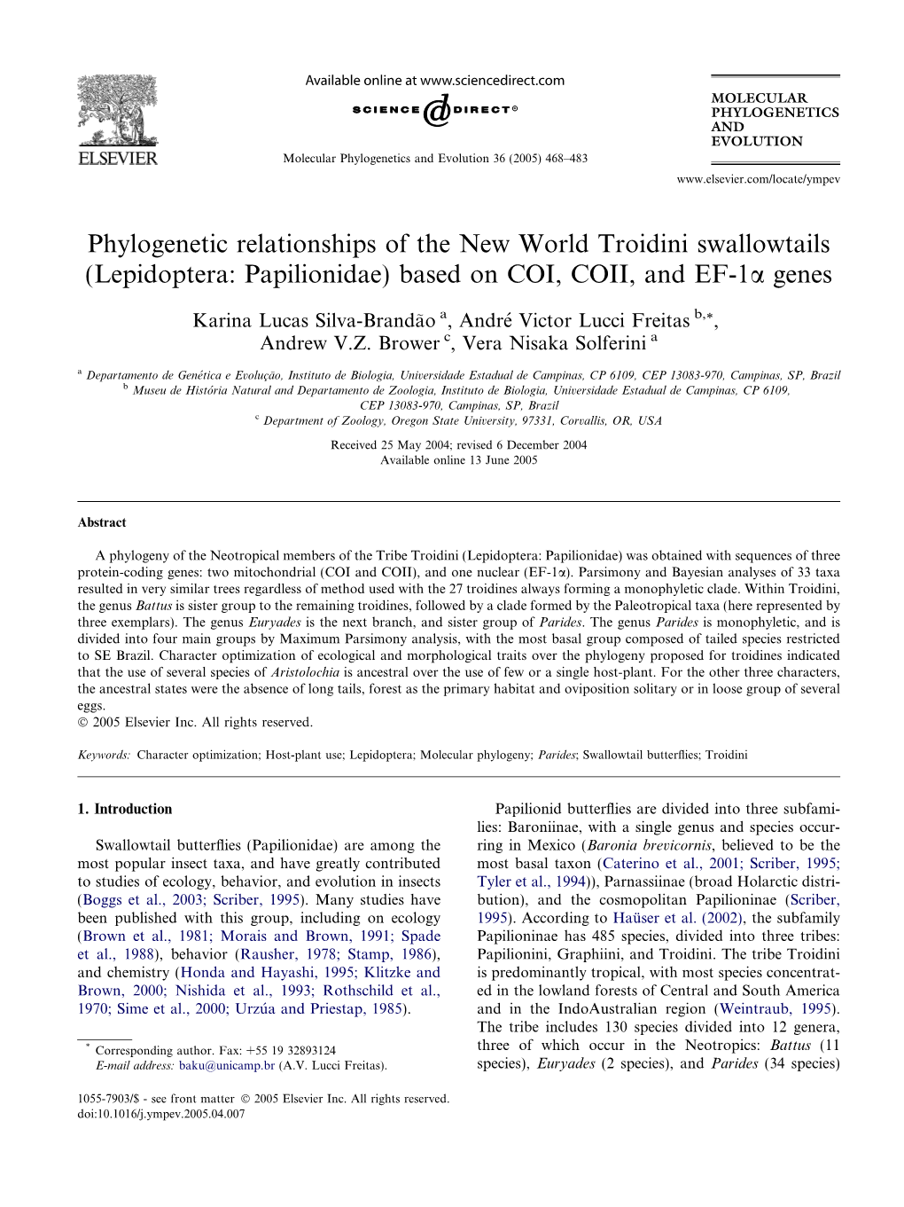 Lepidoptera: Papilionidae) Based on COI, COII, and EF-1A Genes