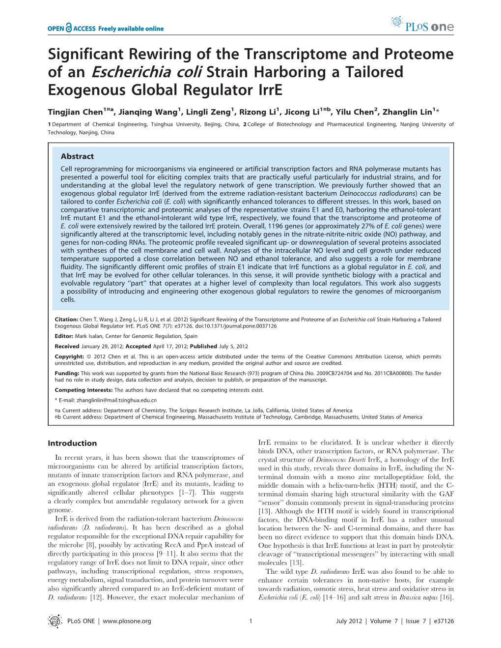 Significant Rewiring of the Transcriptome and Proteome of an Escherichia Coli Strain Harboring a Tailored Exogenous Global Regulator Irre