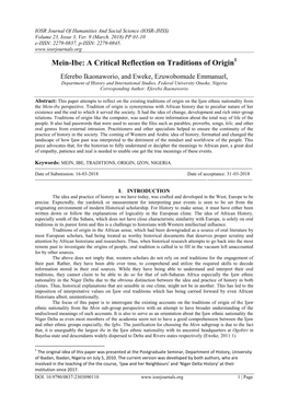 Mein-Ibe: a Critical Reflection on Traditions of Origin1