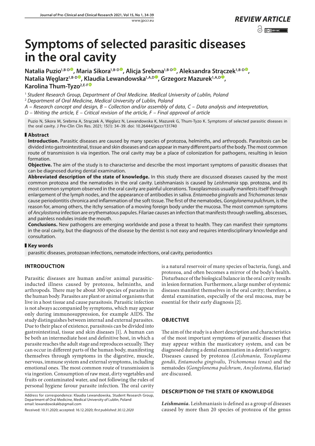 Symptoms of Selected Parasitic Diseases in the Oral Cavity