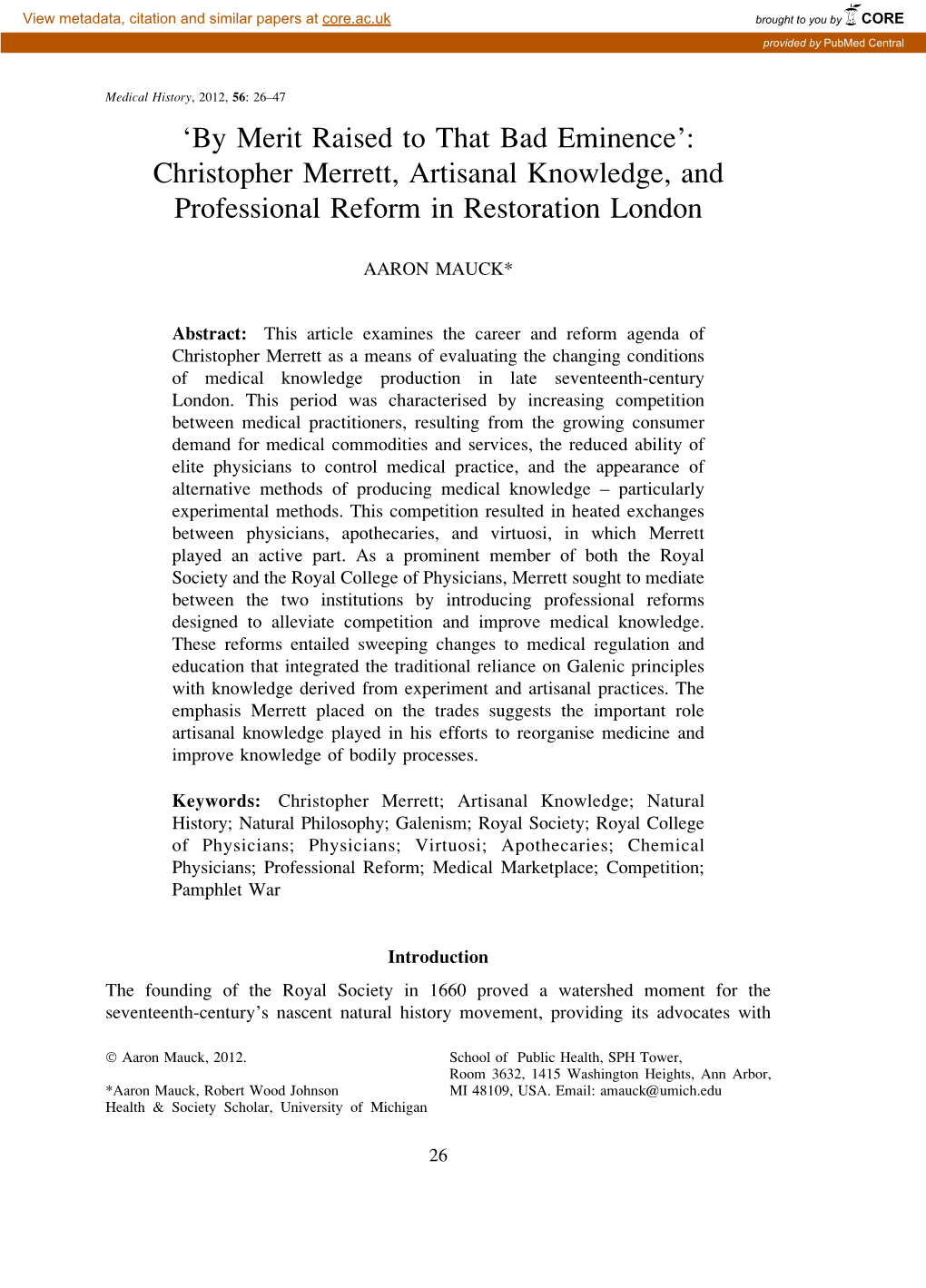 Christopher Merrett, Artisanal Knowledge, and Professional Reform in Restoration London