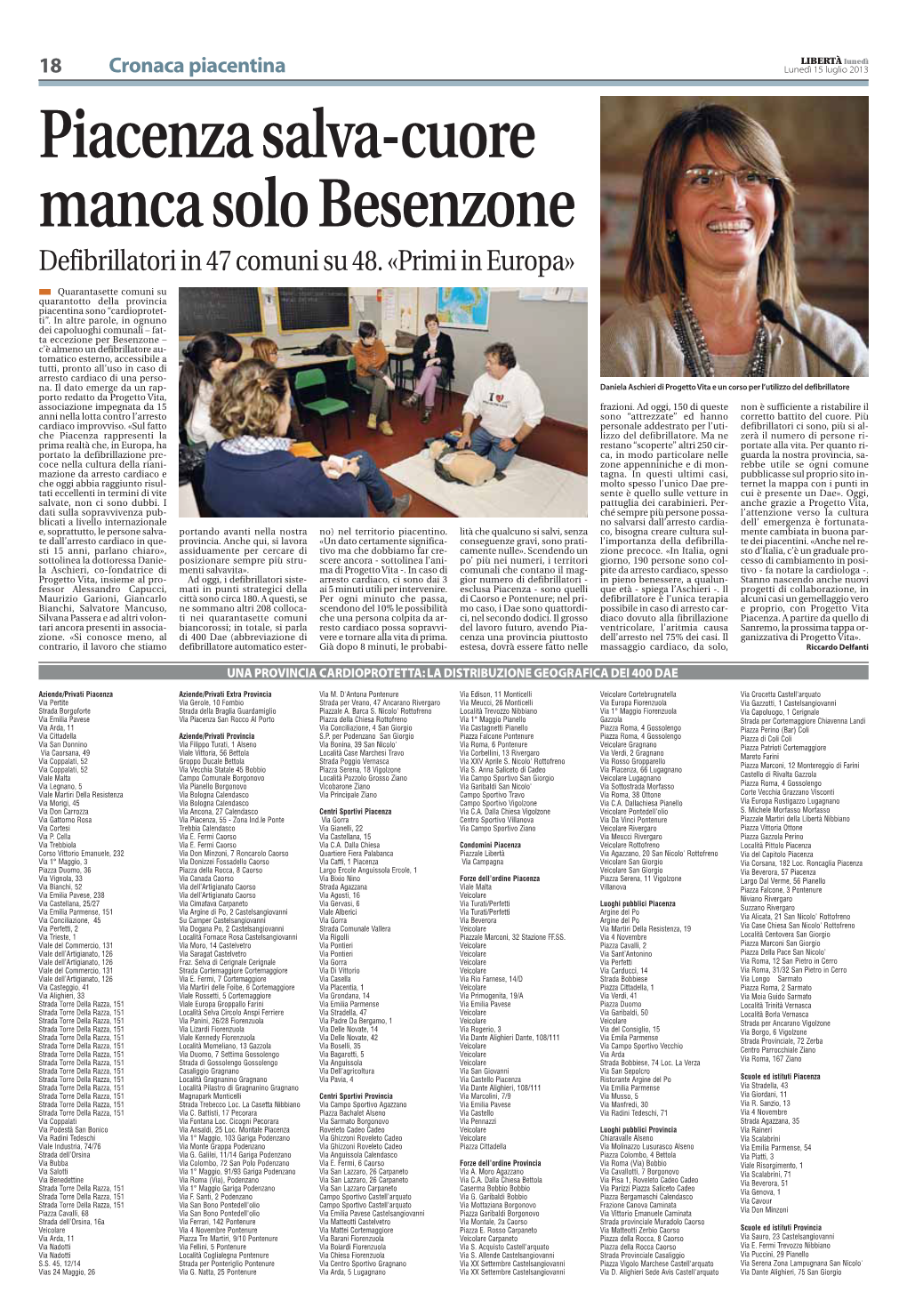Piacenza Salva-Cuore Manca Solo Besenzone Defibrillatori in 47 Comuni Su 48