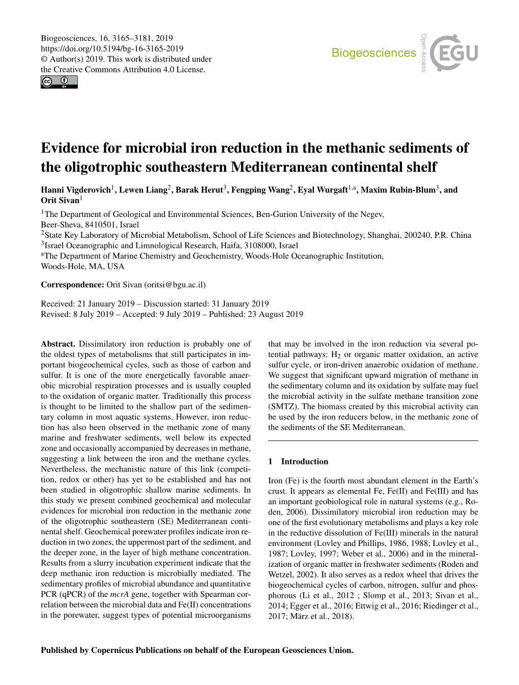 Evidence for Microbial Iron Reduction in the Methanic Sediments of the Oligotrophic Southeastern Mediterranean Continental Shelf