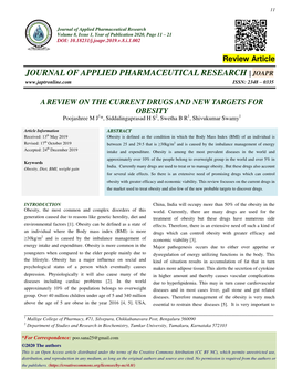 A REVIEW on the CURRENT DRUGS and NEW TARGETS for OBESITY Poojashree M J1*, Siddalingaprasad H S2, Swetha B R1, Shivukumar Swamy1