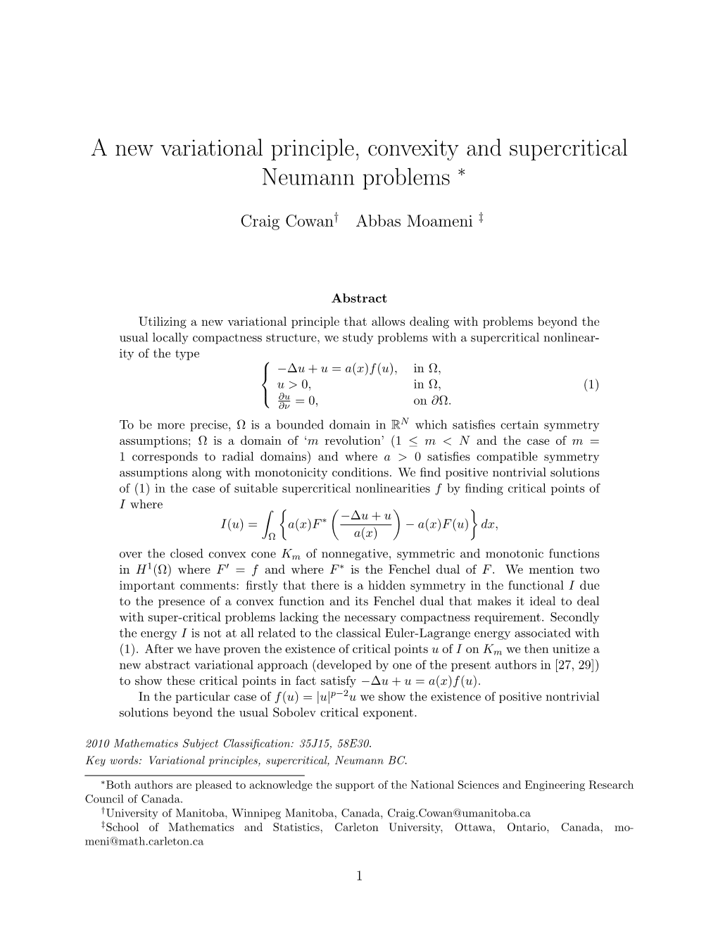 A New Variational Principle, Convexity and Supercritical Neumann Problems ∗