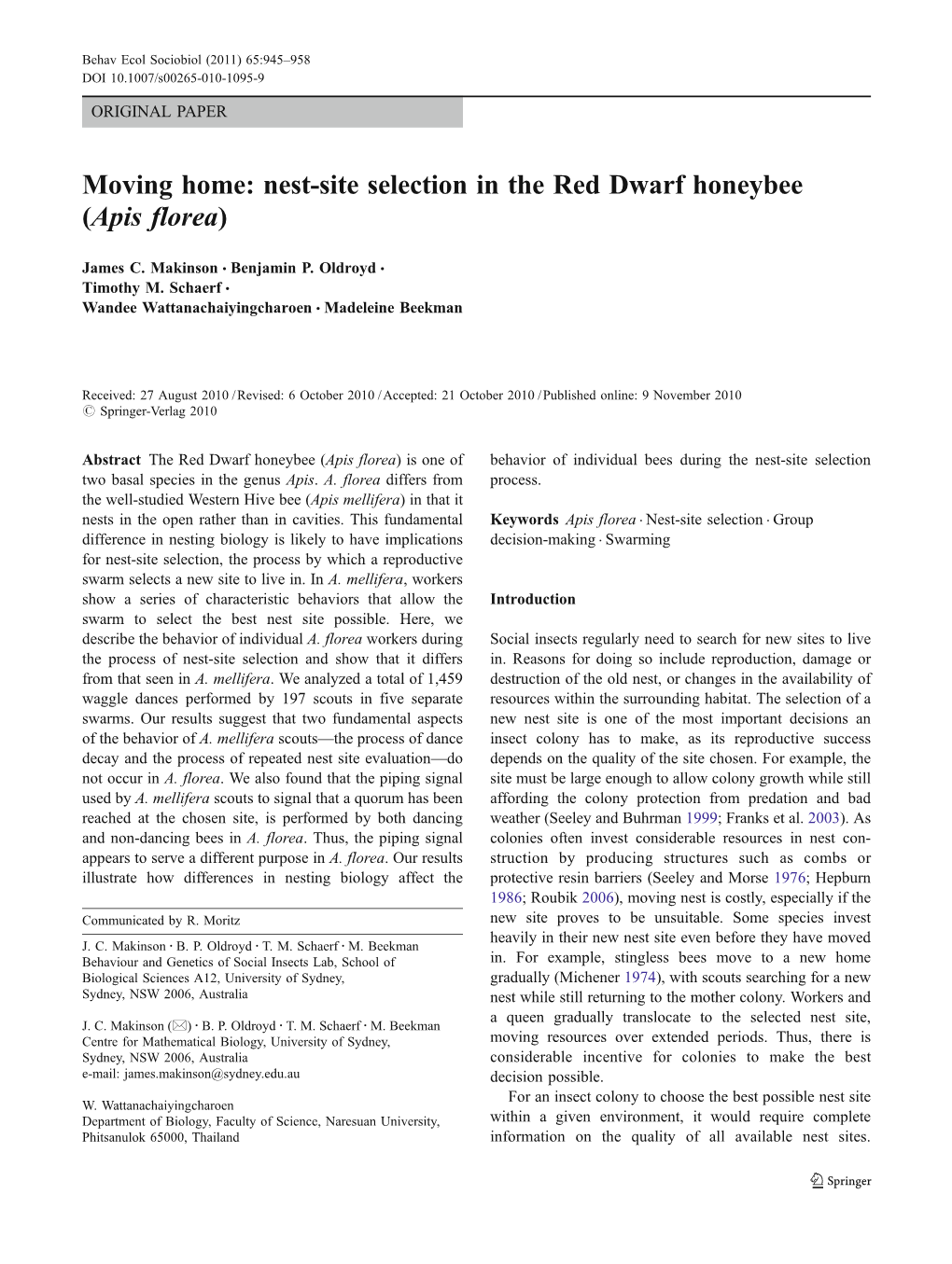 Moving Home: Nest-Site Selection in the Red Dwarf Honeybee (Apis Florea)