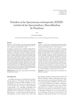 Estudios En Las Apocynaceae Neotropicales XXXIX: Revisión De Las Apocynoideae Y Rauvolfioideae De Honduras