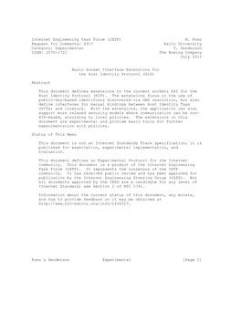 (IETF) M. Komu Request for Comments: 6317 Aalto University Category: Experimental T