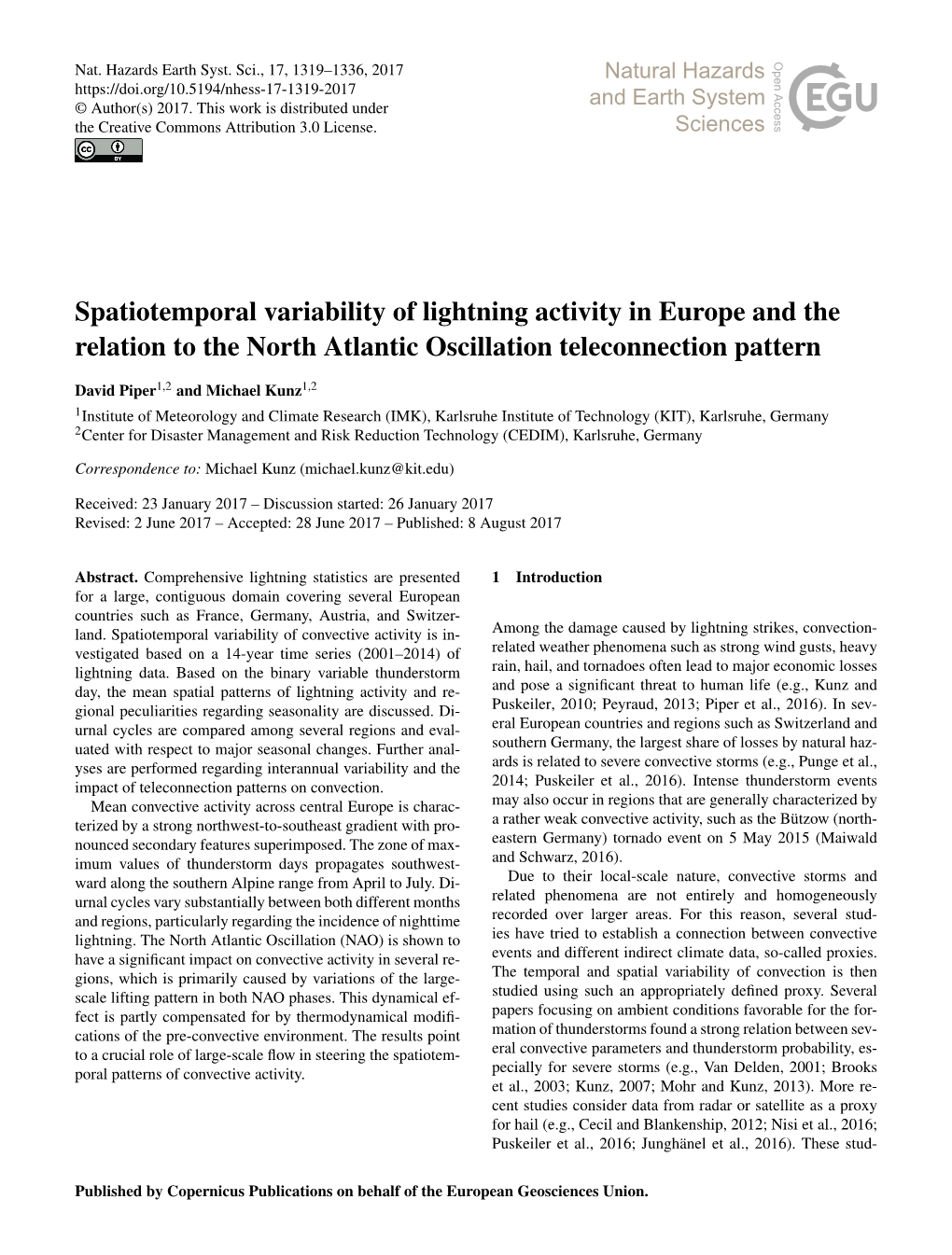 Spatiotemporal Variability of Lightning Activity in Europe and the Relation to the North Atlantic Oscillation Teleconnection Pattern