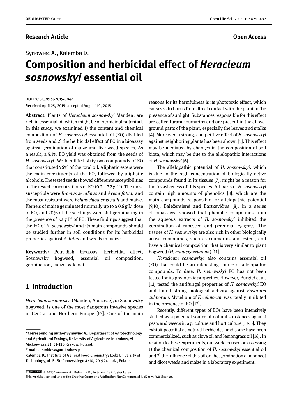 Composition and Herbicidal Effect of Heracleum Sosnowskyi Essential Oil