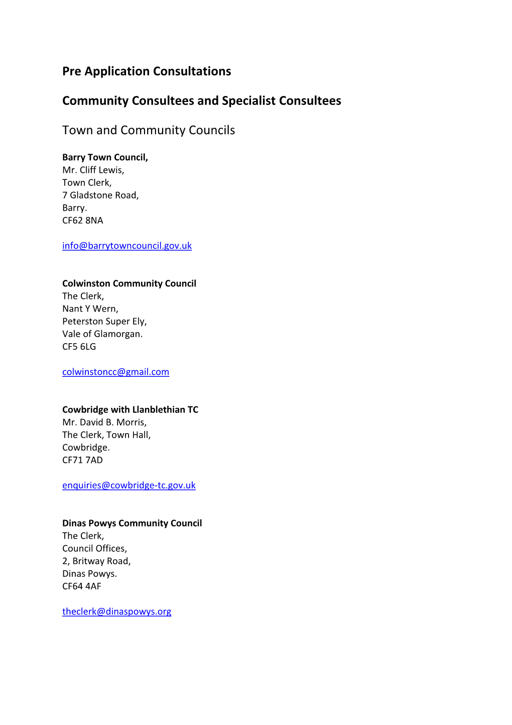Community and Specialist Consultee List